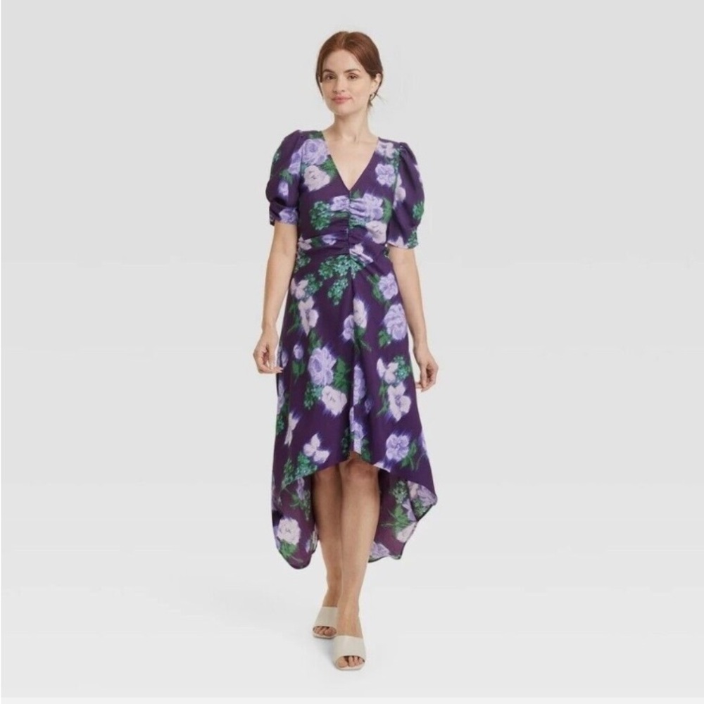 A New Day Floral Spring Purple Dress size XL puffed sleeves